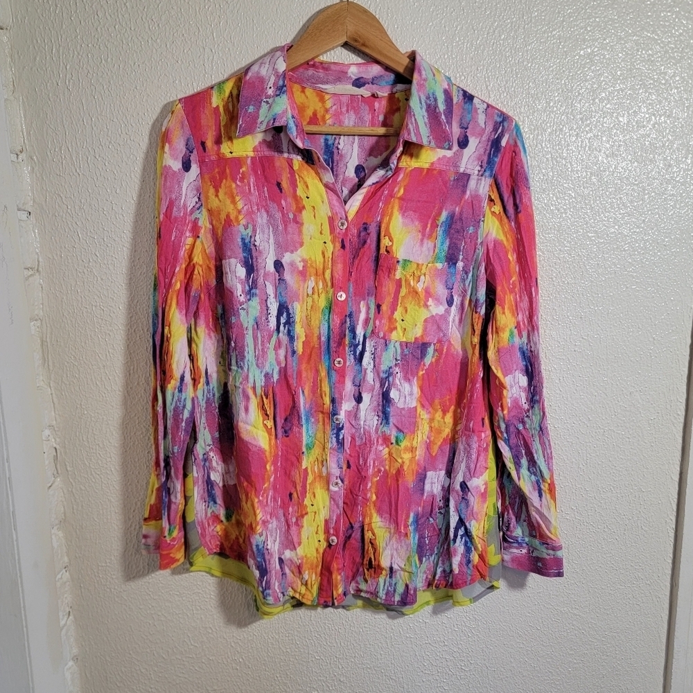 Soft Surroundings Rainbow Mixed Media Rhinestone Detail Button Down Top sz M